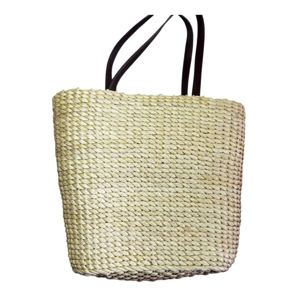 AMERICANA Vintage Straw Bag Tote With Draw String Chambray Liner